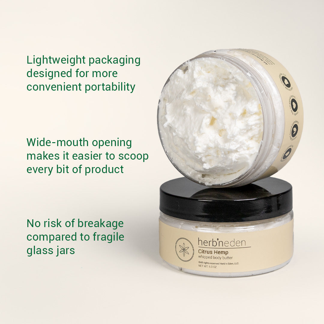 Open jar of Citrus Hemp Whipped Body Butter in lightweight, recyclable packaging with a wide-mouth design | herbneden