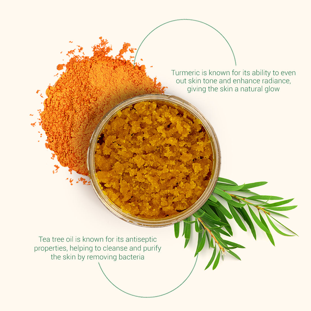 all natural tea tree & turmeric body scrub | gently exfoliates and reveals skin's natural glow | herbneden