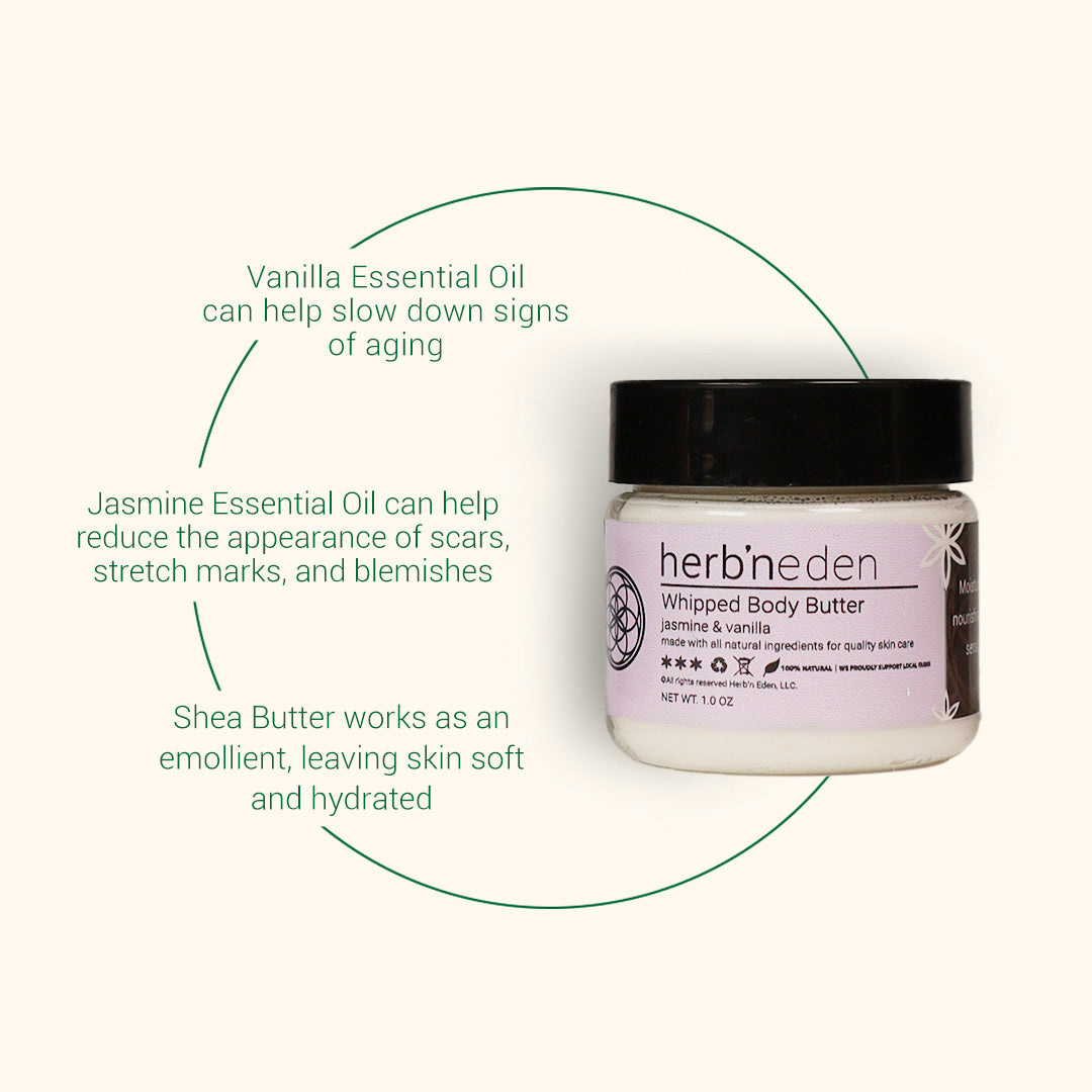 all-natural jasmine & vanilla mini body butter made with premium essential oils | herb'neden