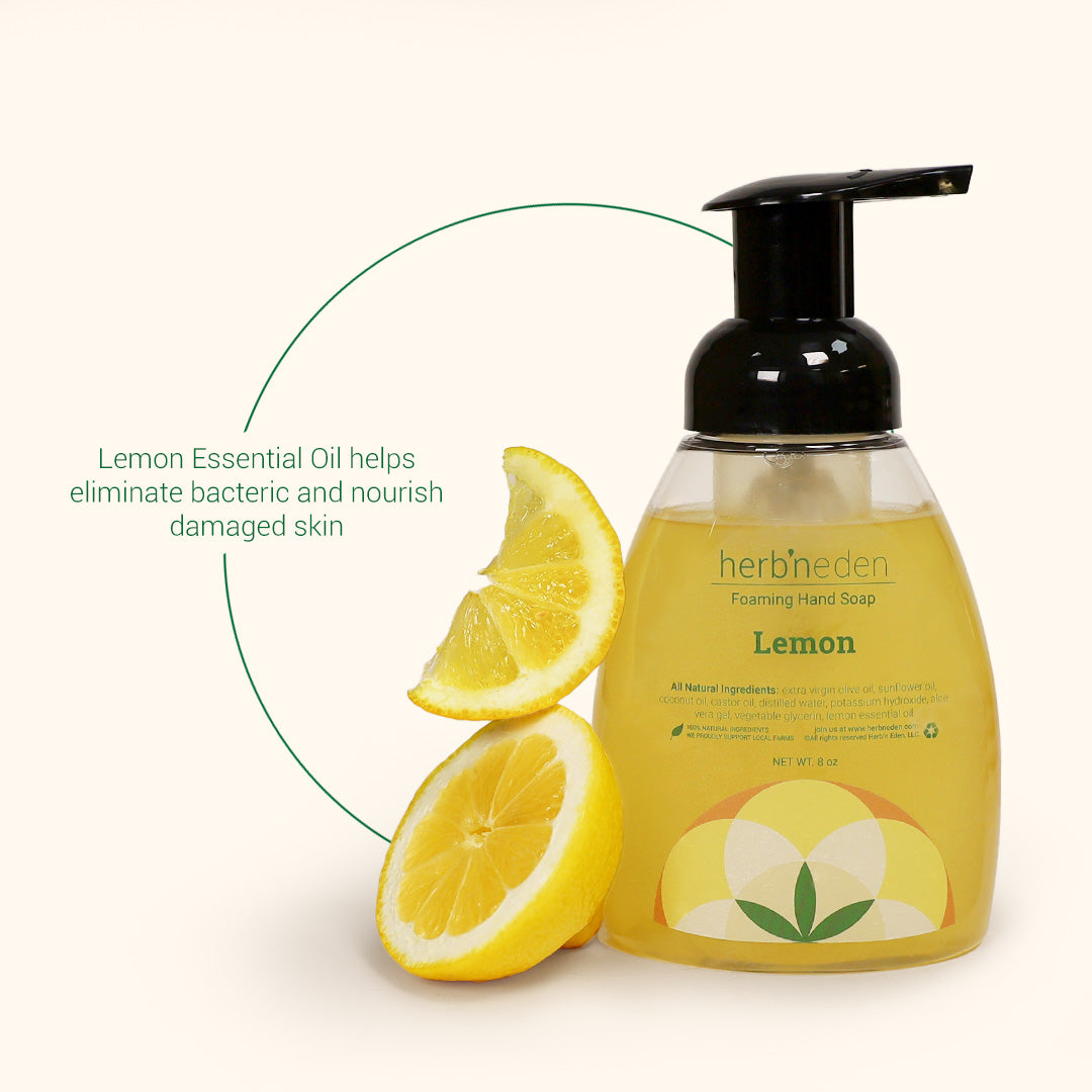 all natural foaming hand soap made with lemon essential oil | nourishing and antibacterial | herbneden